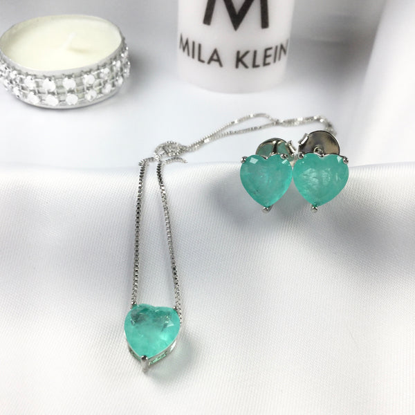 Delicate Set Earrings Necklace Heart Colombian Emerald fusion Stone