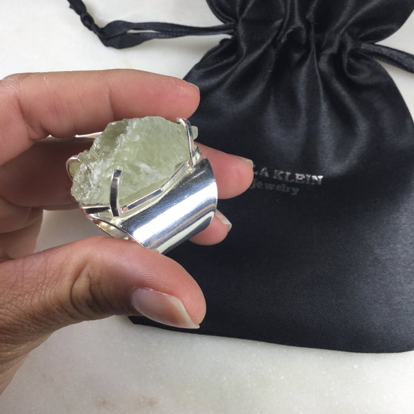 Statement Green Quartz Silver Plated Cuff Ring Adjustable