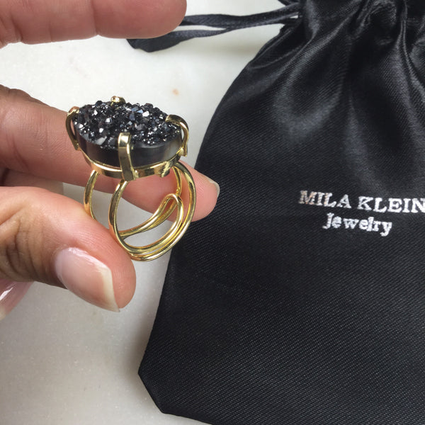 Statement Black Metallic Druzy 18k Gold Plated arc Ring Adjustable