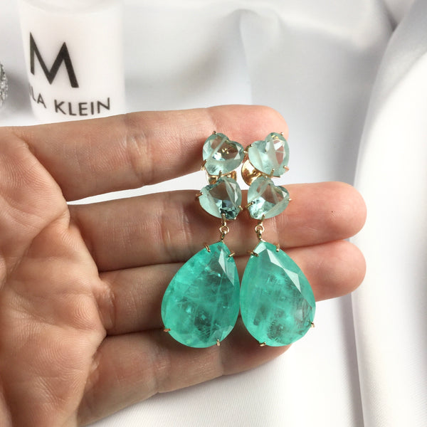 Luxury Statement Heart Earrings Aquamarine and Colombian Emerald 18k gold plated