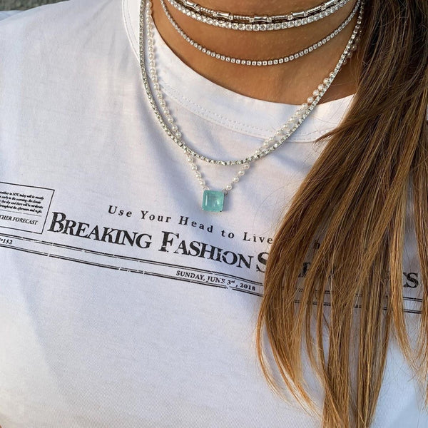 Delicate square light blue fusion stone and pearl