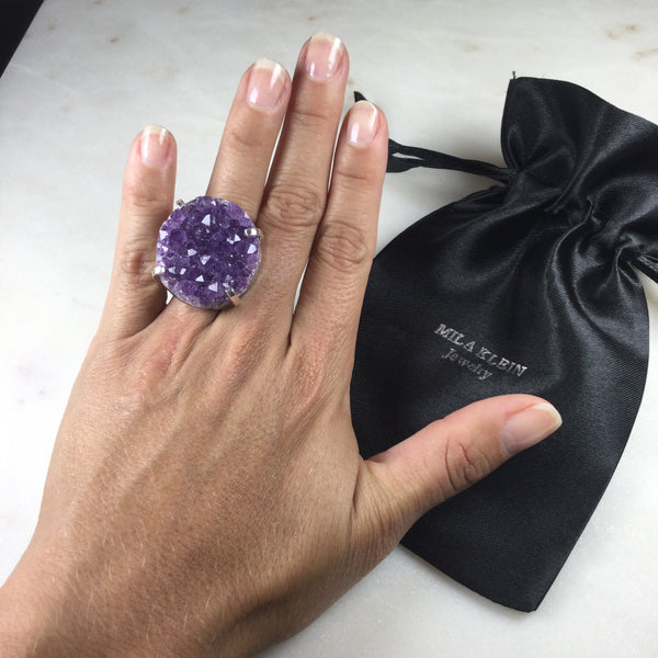 Statement Amethyst Silver Plated Wire Ring Adjustable