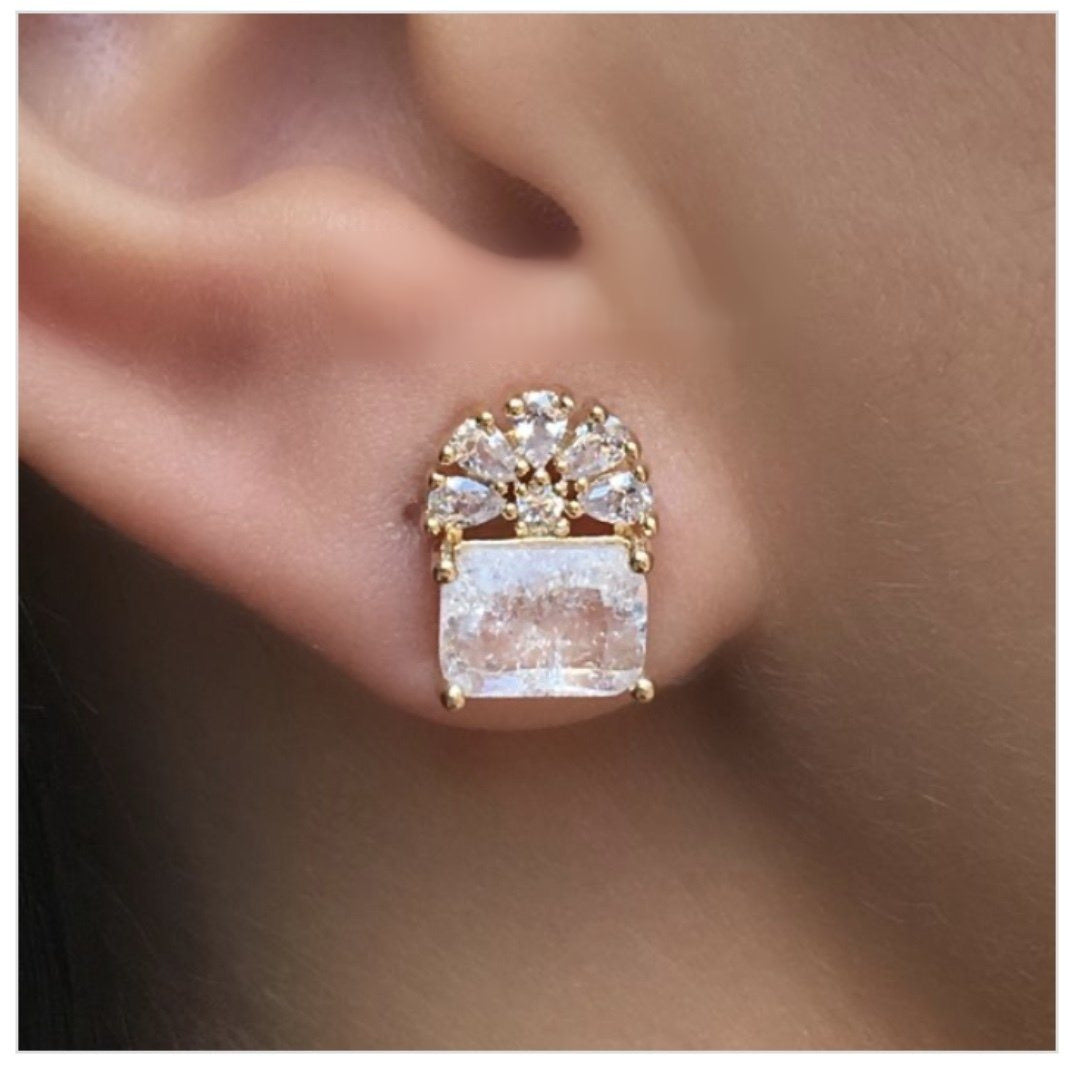 Rectangle Clear crystal flower earrings 18k gold plated