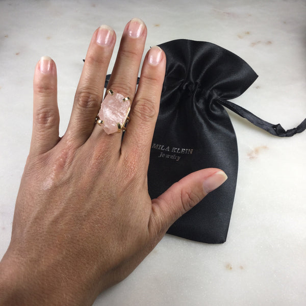 Statement Pink Quartz 18k Gold plated wire ring adjustable