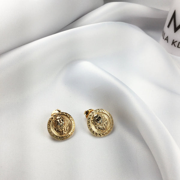 Famous Brand Inspired Lion Earrings Greek Pattern 18k Gold Plated and micro cz