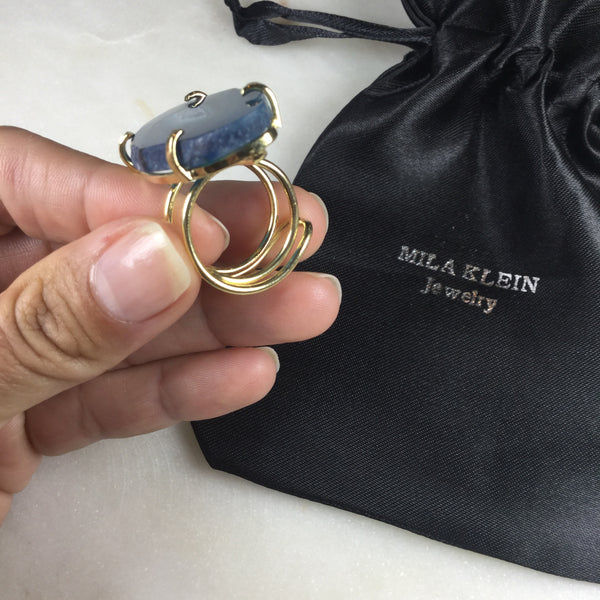 Statement Blue Agate 18K Gold Plated Wire Ring Adjustable