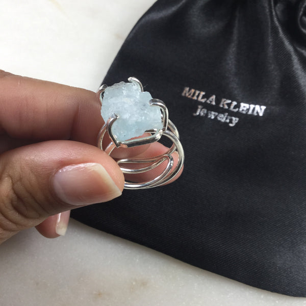 Statement Aquamarine Silver Plated Wire Ring Adjustable