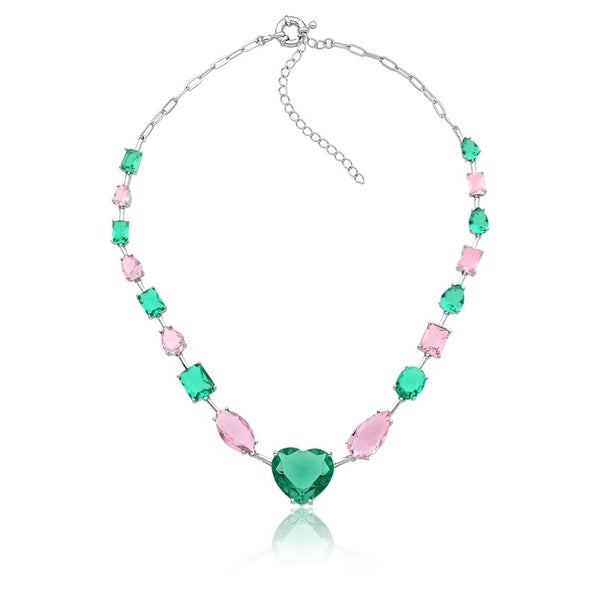 Set Choker + Earring  hearts Emerald and light pink